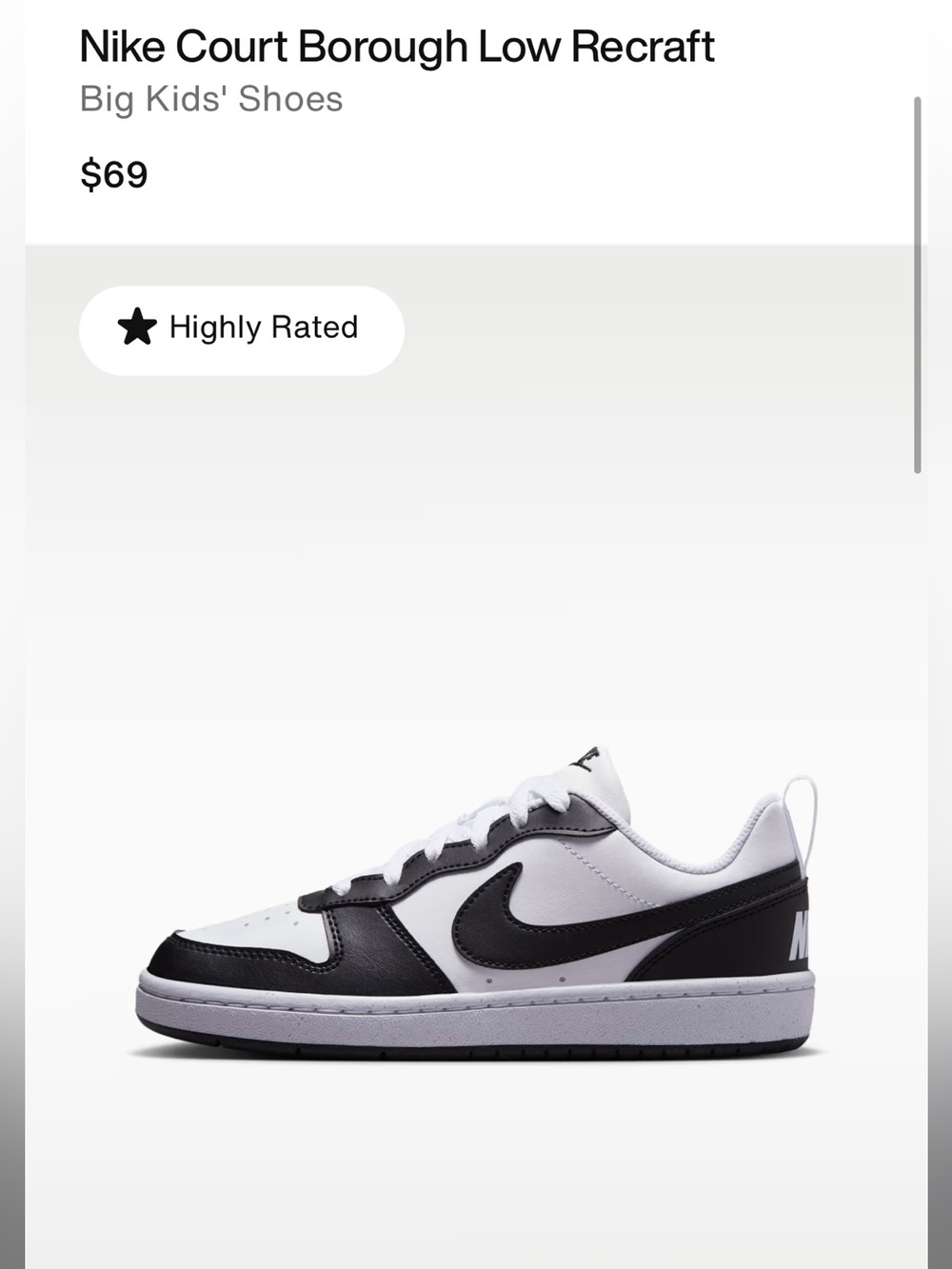 Nike Kids Court Borough Low Recraft White and Black Sneakers size 3